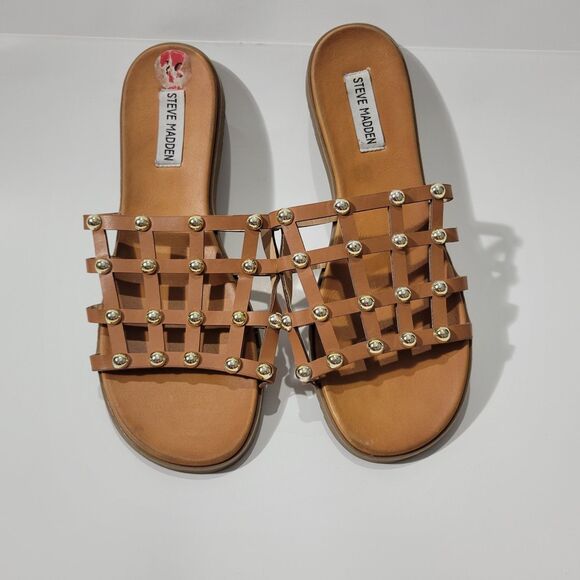 Steve Madden Slip On Leather Studded Sandals Brown Sz 10 - Picture 1 of 6